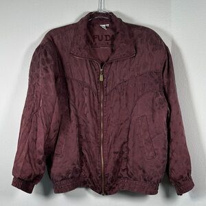 Vintage FUDA International Y2K Quilted 100% Silk Burgundy Bomber Jacket Size M